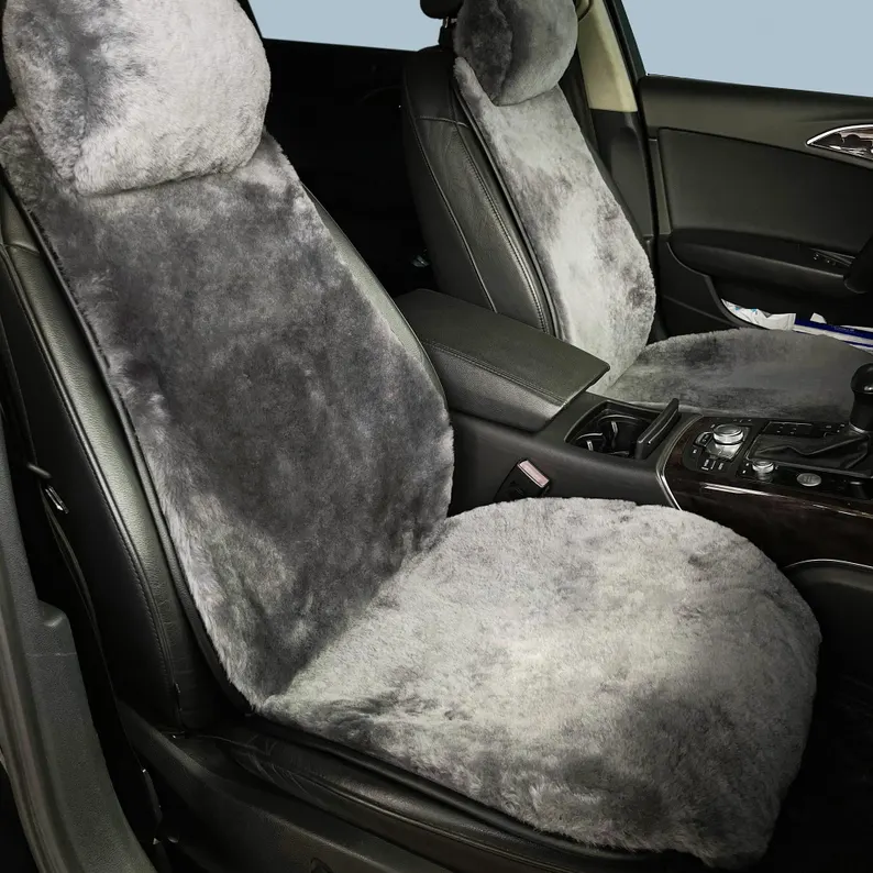 Genuine Sheepskin 100% Car Seat Cover for All Car Brands, Short Wool Car Seat Covers with Anti-Slip Back, Neck Pillow & Seat Cushion - Grey