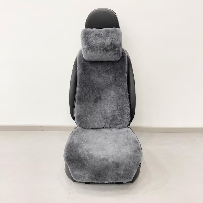 Genuine Sheepskin 100% Car Seat Cover for All Car Brands, Short Wool Car Seat Covers with Anti-Slip Back, Neck Pillow & Seat Cushion - Grey