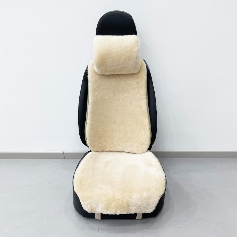 Genuine Sheepskin 100% Car Seat Cover for All Car Brands, Short Wool Car Seat Covers with Anti-Slip Back, Neck Pillow & Seat Cushion - Grey