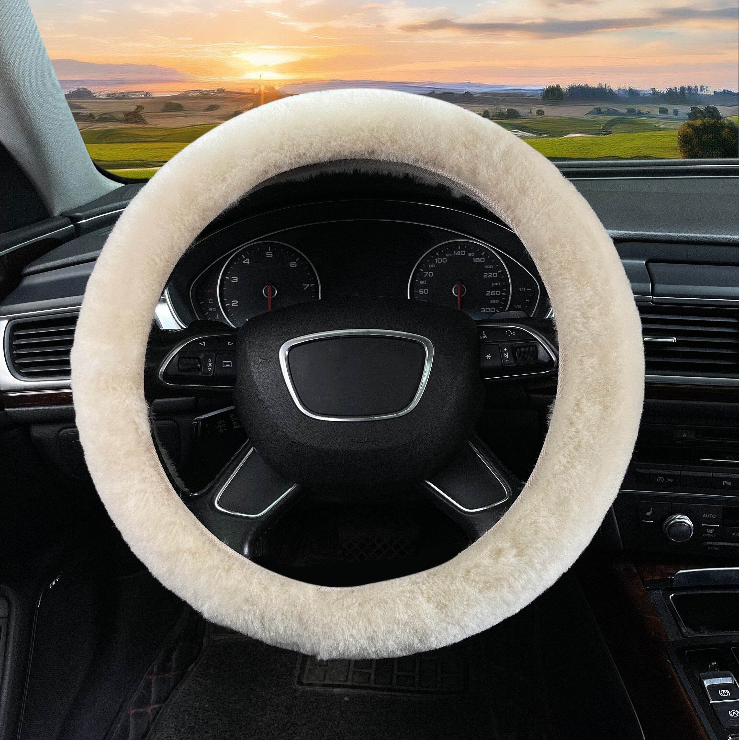 Premium Sheepskin Steering Wheel Cover – Soft, Cozy, and Stylish Car Accessory for Winter, Gray, Beige