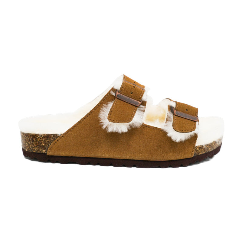Adjustable Strap Slide-Shearling Inner and Footbed -Anti-Slip EVA Outsole-Cow Suede Leather