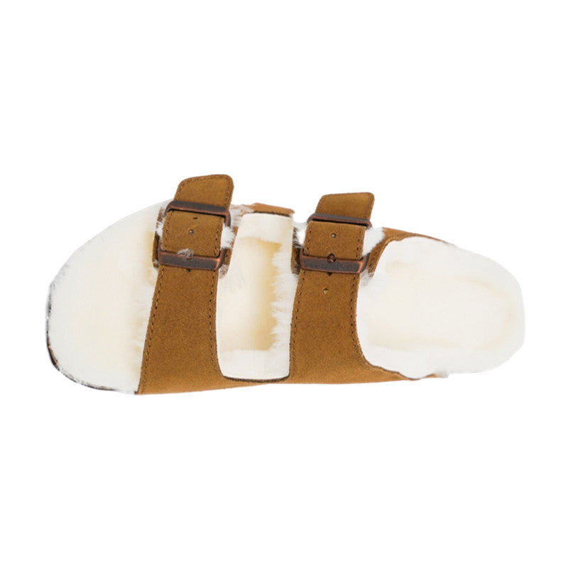 Adjustable Strap Slide-Shearling Inner and Footbed -Anti-Slip EVA Outsole-Cow Suede Leather