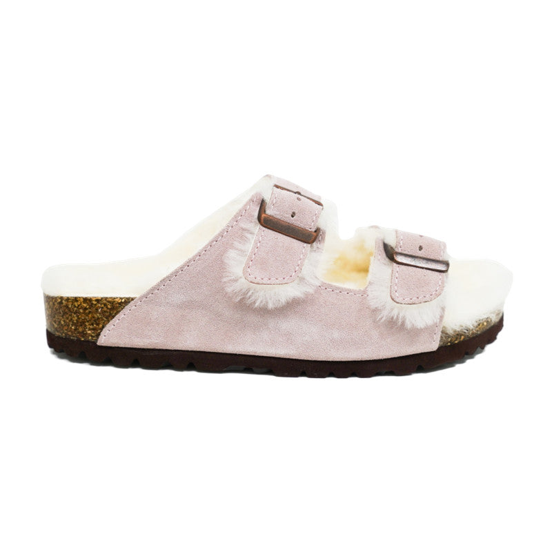Adjustable Strap Slide-Shearling Inner and Footbed -Anti-Slip EVA Outsole-Cow Suede Leather