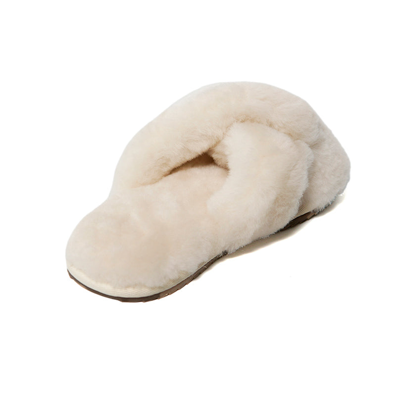 Women's Cross Band Fuzzy Slippers White 100% natural Australian merino sheepskin Genuine Shearling Sheepskin Slippers House Slippers