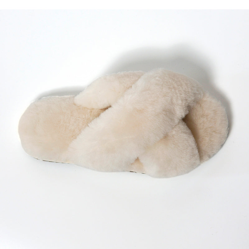 Women's Cross Band Fuzzy Slippers White 100% natural Australian merino sheepskin Genuine Shearling Sheepskin Slippers House Slippers