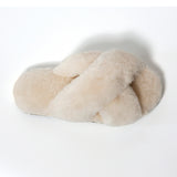 Women's Cross Band Fuzzy Slippers White 100% natural Australian merino sheepskin Genuine Shearling Sheepskin Slippers House Slippers