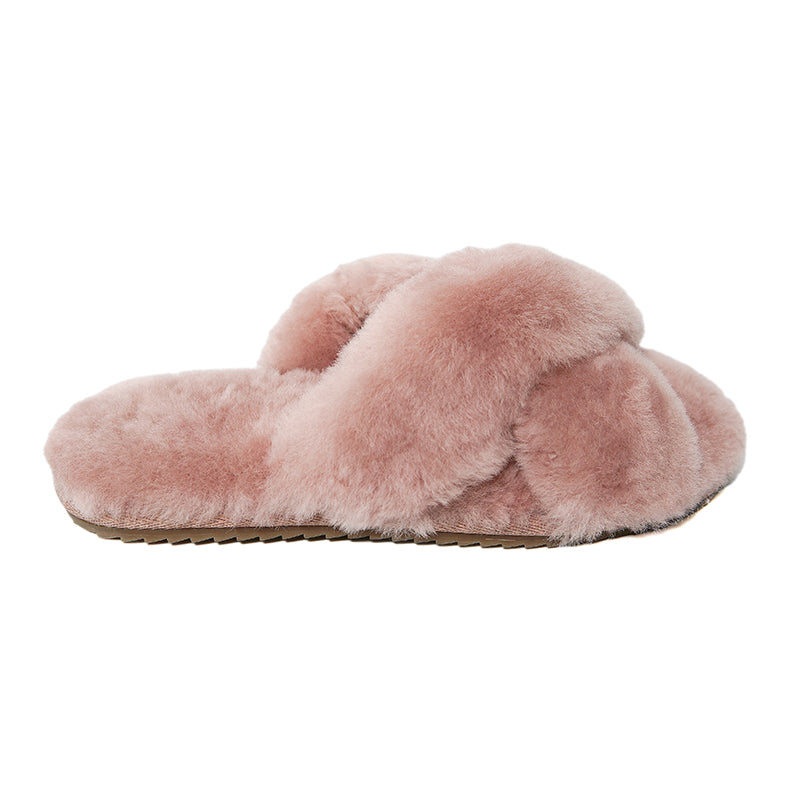 Women's Cross Band Fuzzy Slippers dusty pink 100% natural Australian merino sheepskin Genuine Shearling Sheepskin Slippers House Slippers