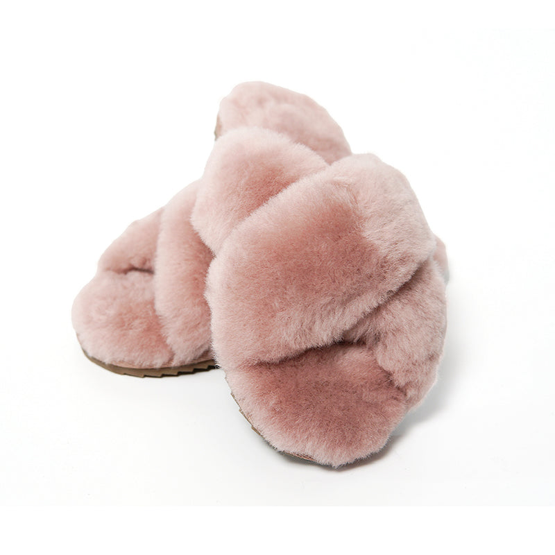 Women's Cross Band Fuzzy Slippers dusty pink 100% natural Australian merino sheepskin Genuine Shearling Sheepskin Slippers House Slippers