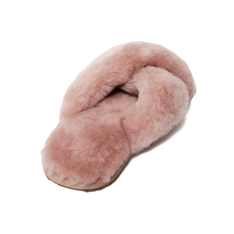 Women's Cross Band Fuzzy Slippers dusty pink 100% natural Australian merino sheepskin Genuine Shearling Sheepskin Slippers House Slippers