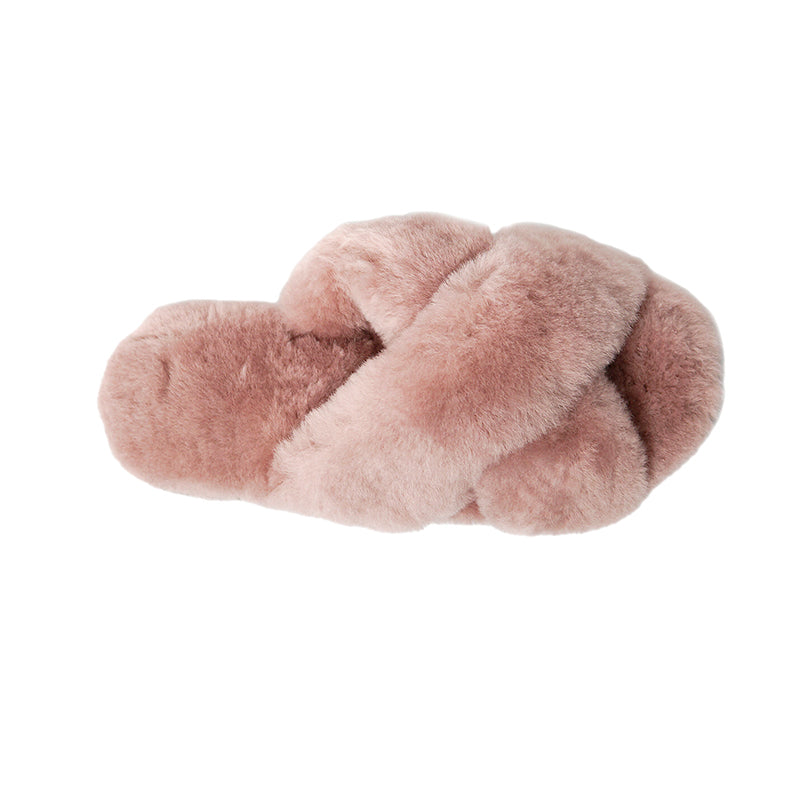 Women's Cross Band Fuzzy Slippers dusty pink 100% natural Australian merino sheepskin Genuine Shearling Sheepskin Slippers House Slippers