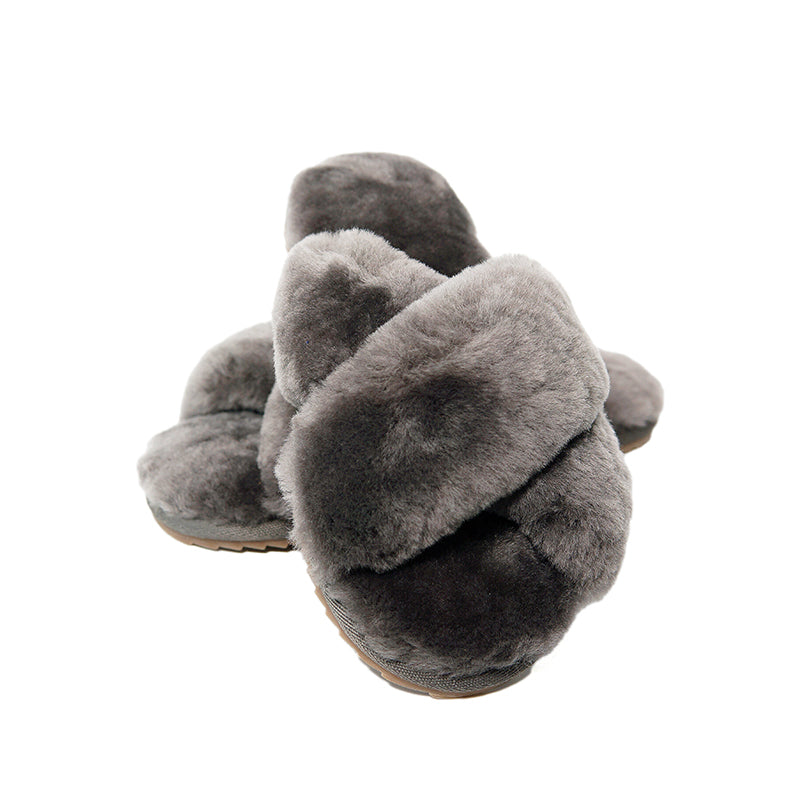 Women's Cross Band Fuzzy Slippers Grey 100% natural Australian merino sheepskin Genuine Shearling Sheepskin Slippers House Slippers