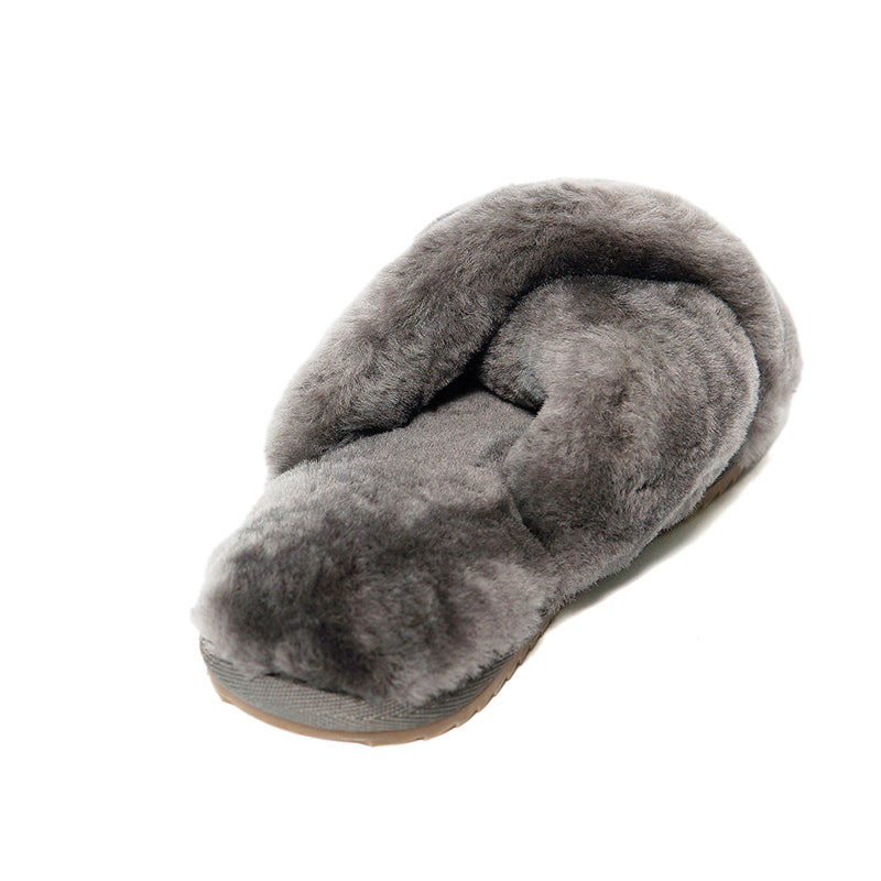 Women's Cross Band Fuzzy Slippers Grey 100% natural Australian merino sheepskin Genuine Shearling Sheepskin Slippers House Slippers