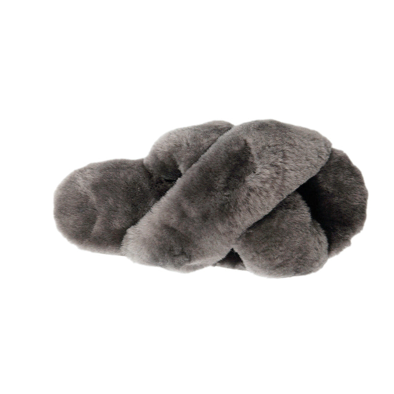 Women's Cross Band Fuzzy Slippers Grey 100% natural Australian merino sheepskin Genuine Shearling Sheepskin Slippers House Slippers