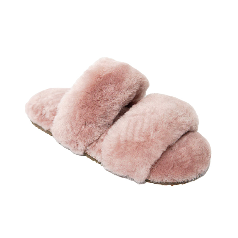 Women's Sheepskin Slippers Two Band Slides Pink 100% natural Australian merino sheepskin House Slippers