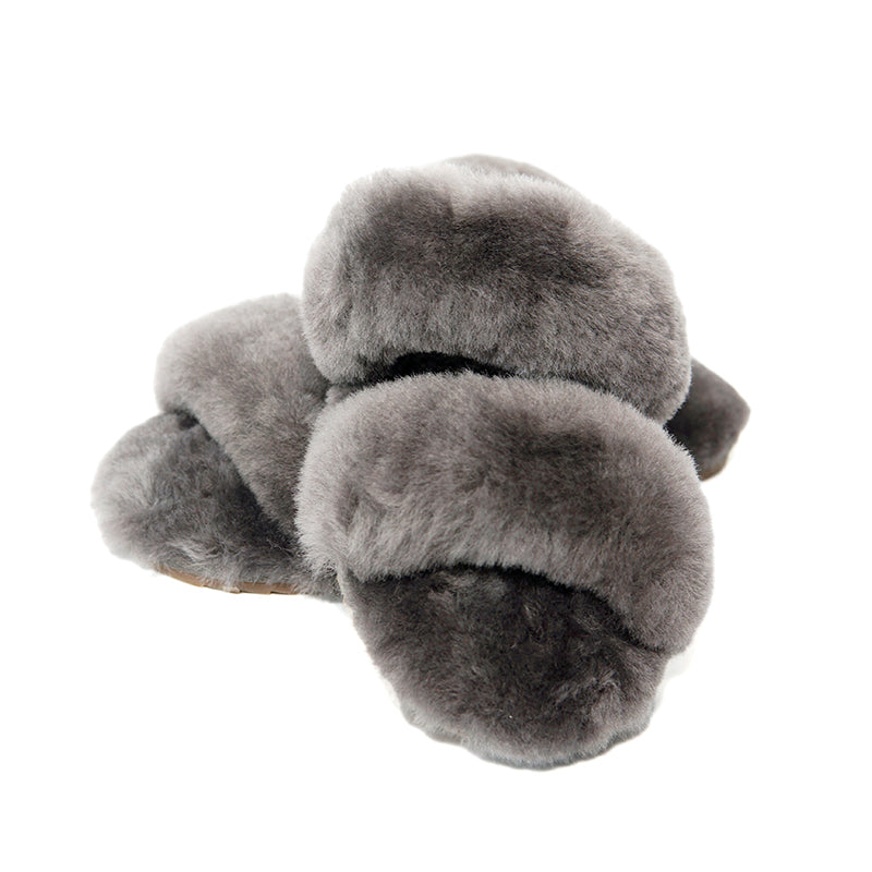 Women's sheepskin slippers Two Band Slides Grey 100% natural Australian merino sheepskin House Slippers
