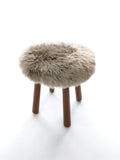 Long Wool Sheepskin Stool with American Red Oak Legs, Fluffy Merino Wooden Vanity Seat 36cm 46cm – Cozy & Elegant Home Decor  - Mushroom Color