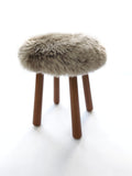 Long Wool Sheepskin Stool with American Red Oak Legs, Fluffy Merino Wooden Vanity Seat 36cm 46cm – Cozy & Elegant Home Decor  - Mushroom Color