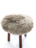 Long Wool Sheepskin Stool with American Red Oak Legs, Fluffy Merino Wooden Vanity Seat 36cm 46cm – Cozy & Elegant Home Decor  - Mushroom Color