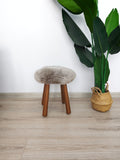 Long Wool Sheepskin Stool with American Red Oak Legs, Fluffy Merino Wooden Vanity Seat 36cm 46cm – Cozy & Elegant Home Decor  - Mushroom Color