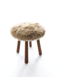 Long Wool Sheepskin Stool with American Red Oak Legs, Fluffy Merino Wooden Vanity Seat 36cm 46cm – Cozy & Elegant Home Decor  - Dark Linen