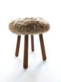 Long Wool Sheepskin Stool with American Red Oak Legs, Fluffy Merino Wooden Vanity Seat 36cm 46cm – Cozy & Elegant Home Decor  - Dark Linen