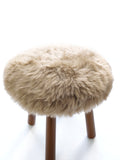 Long Wool Sheepskin Stool with American Red Oak Legs, Fluffy Merino Wooden Vanity Seat 36cm 46cm – Cozy & Elegant Home Decor  - Dark Linen