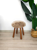 Long Wool Sheepskin Stool with American Red Oak Legs, Fluffy Merino Wooden Vanity Seat 36cm 46cm – Cozy & Elegant Home Decor  - Mushroom Color