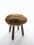 Long Wool Sheepskin Stool with American Red Oak Legs, Fluffy Merino Wooden Vanity Seat 36cm 46cm – Cozy & Elegant Home Decor  - dark brown