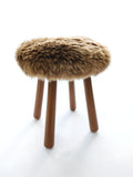 Long Wool Sheepskin Stool with American Red Oak Legs, Fluffy Merino Wooden Vanity Seat 36cm 46cm – Cozy & Elegant Home Decor  - dark brown