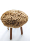 Long Wool Sheepskin Stool with American Red Oak Legs, Fluffy Merino Wooden Vanity Seat 36cm 46cm – Cozy & Elegant Home Decor  - dark brown