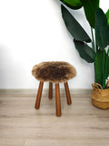 Long Wool Sheepskin Stool with American Red Oak Legs, Fluffy Merino Wooden Vanity Seat 36cm 46cm – Cozy & Elegant Home Decor  - Mushroom Color