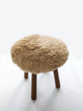 Long Wool Sheepskin Stool with American Red Oak Legs, Fluffy Merino Wooden Vanity Seat 36cm 46cm – Cozy & Elegant Home Decor  - Camel Color