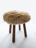 Long Wool Sheepskin Stool with American Red Oak Legs, Fluffy Merino Wooden Vanity Seat 36cm 46cm – Cozy & Elegant Home Decor  - Camel Color