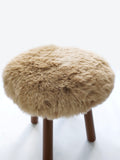 Long Wool Sheepskin Stool with American Red Oak Legs, Fluffy Merino Wooden Vanity Seat 36cm 46cm – Cozy & Elegant Home Decor  - Camel Color