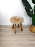Long Wool Sheepskin Stool with American Red Oak Legs, Fluffy Merino Wooden Vanity Seat 36cm 46cm – Cozy & Elegant Home Decor  - Mushroom Color