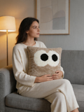 Cute Big Eyes Design Sheepskin Cushion Cover, Ultra Soft Cozy Home Decor Pillow Case Light Brown