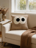 Cute Big Eyes Design Sheepskin Cushion Cover, Ultra Soft Cozy Home Decor Pillow Case Light Brown
